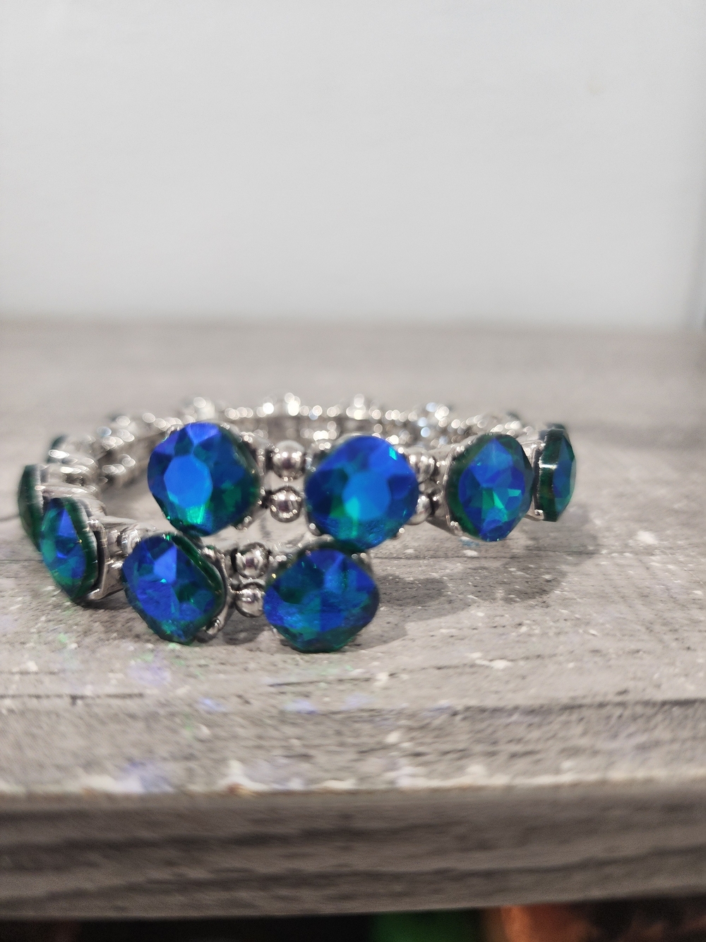 Silver Stretch Bracelet with Mermaid Blue Faceted Stones - Picture 1 of 5